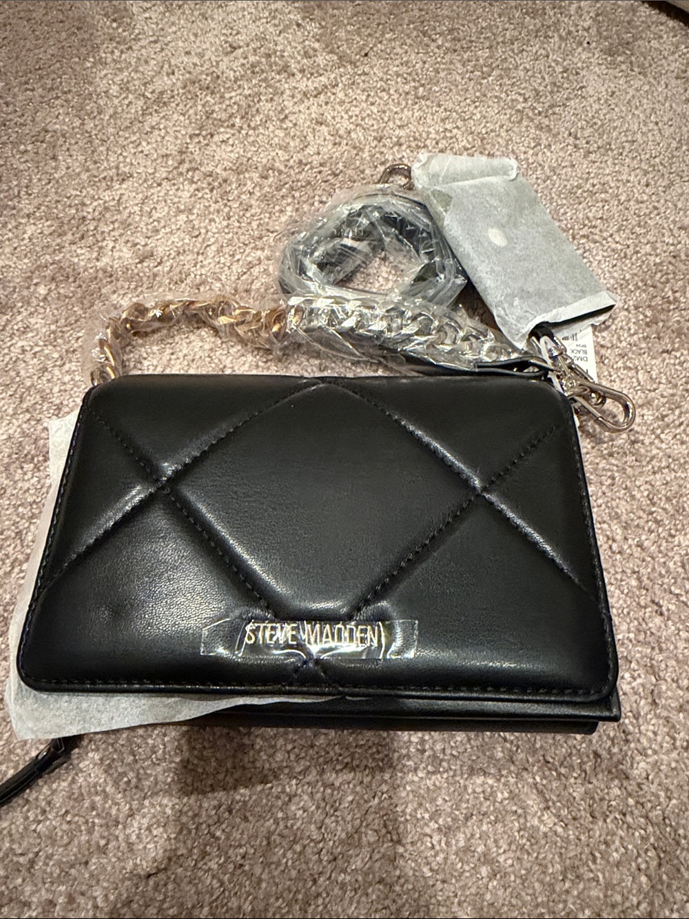 Steve Madden Black Quilted Crossbody with Gold Chain